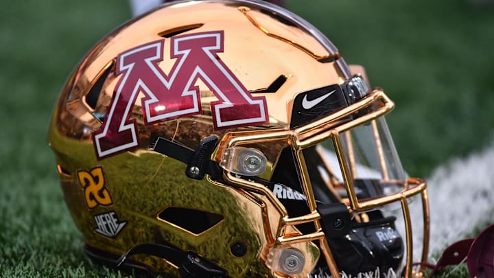Nov 13, 2021; Iowa City, Iowa, USA; Minnesota Golden Gophers helmet on the field before the game against the Iowa Hawkeyes at Kinnick Stadium. Nov 13, 2021; Iowa City, Iowa, USA; Minnesota Golden Gophers helmet on the field before the game against the Iowa Hawkeyes at Kinnick Stadium.