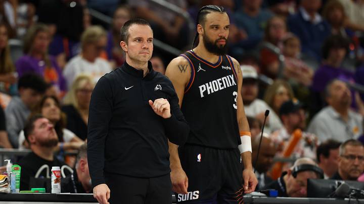 Apr 27, 2026; Phoenix, Arizona, USA; Phoenix Suns head coach Jordan Ott with forward Dillon Brooks (3) against the Oklahoma City Thunder in the second half during game four of the first round of the 2026 NBA Playoffs at Mortgage Matchup Center. Mandatory Credit: Mark J. Rebilas-Imagn Images Apr 27, 2026; Phoenix, Arizona, USA; Phoenix Suns head coach Jordan Ott with forward Dillon Brooks (3) against the Oklahoma City Thunder in the second half during game four of the first round of the 2026 NBA Playoffs at Mortgage Matchup Center. Mandatory Credit: Mark J. Rebilas-Imagn Images
