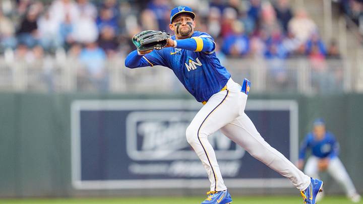 May 1, 2026; Minneapolis, Minnesota, USA; Minnesota Twins third baseman Royce Lewis (23) dives for a ball off the bat of Toronto Blue Jays third baseman Kazuma Okamoto (7) in the second inning at Target Field. Mandatory Credit: Matt Blewett-Imagn Images