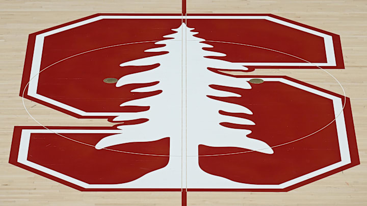 Feb 10, 2024; Stanford, California, USA; The Stanford Cardinal logo at center court before the game between the Stanford Cardinal and the USC Trojans at Maples Pavilion. Mandatory Credit: Robert Edwards-Imagn Images