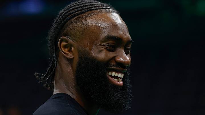 Feb 27, 2024; Boston, Massachusetts, USA; Boston Celtics guard Jaylen Brown (7) smiles before their game against the Philadelphia 76ers at TD Garden. Mandatory Credit: Winslow Townson-USA TODAY Sports