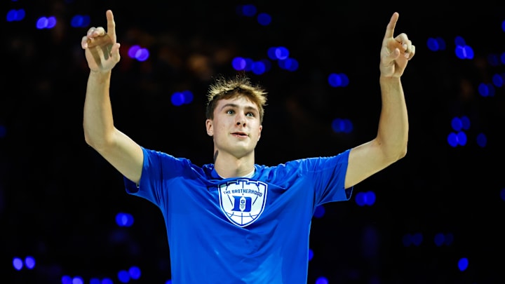 Oct 4, 2024; Durham, NC, USA; Duke Blue Devils guard Cooper Flagg (2) is introduced to the fans during Countdown to Craziness at Cameron Indoor Stadium. Mandatory Credit: Jaylynn Nash-Imagn Images