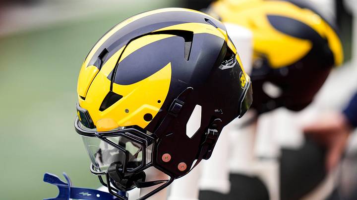 A Michigan football helmet during the spring game at Michigan Stadium in Ann Arbor on Saturday, April 18, 2026. A Michigan football helmet during the spring game at Michigan Stadium in Ann Arbor on Saturday, April 18, 2026.