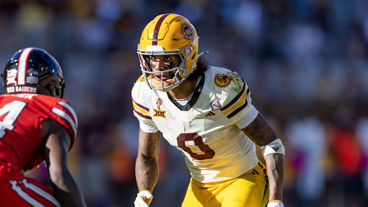 Oct 18, 2025; Tempe, Arizona, USA; Arizona State Sun Devils wide receiver Jordyn Tyson (0) against the Texas Tech Red Raiders at Mountain America Stadium. Mandatory Credit: Mark J. Rebilas-Imagn Images