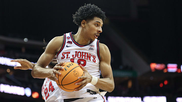 Jan 18, 2025; Newark, New Jersey, USA; St. John's Red Storm guard RJ Luis Jr. (12) rebounds during the second half against the Seton Hall Pirates at Prudential Center. Mandatory Credit: Vincent Carchietta-Imagn Images Jan 18, 2025; Newark, New Jersey, USA; St. John's Red Storm guard RJ Luis Jr. (12) rebounds during the second half against the Seton Hall Pirates at Prudential Center. Mandatory Credit: Vincent Carchietta-Imagn Images