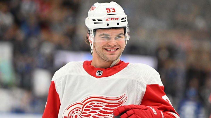 Jan 14, 2024; Toronto, Ontario, CAN;  Detroit Red Wings forward Alex DeBrincat (93) speaks to a