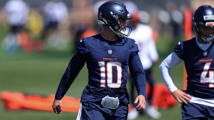 May 23, 2024; Englewood, CO, USA; Denver Broncos quarterback Bo Nix (10) during organized team activities at Centura Health Training Center. 
