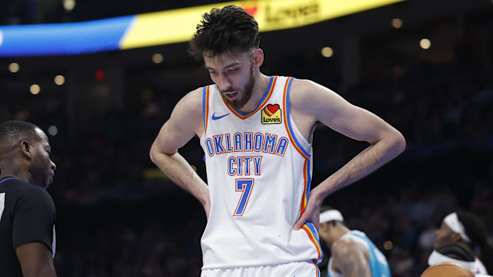 Jan 5, 2026; Oklahoma City, Oklahoma, USA; Oklahoma City Thunder center Chet Holmgren (7) reacts after a play against the Charlotte Hornets during the second half at Paycom Center. Mandatory Credit: Alonzo Adams-Imagn Images