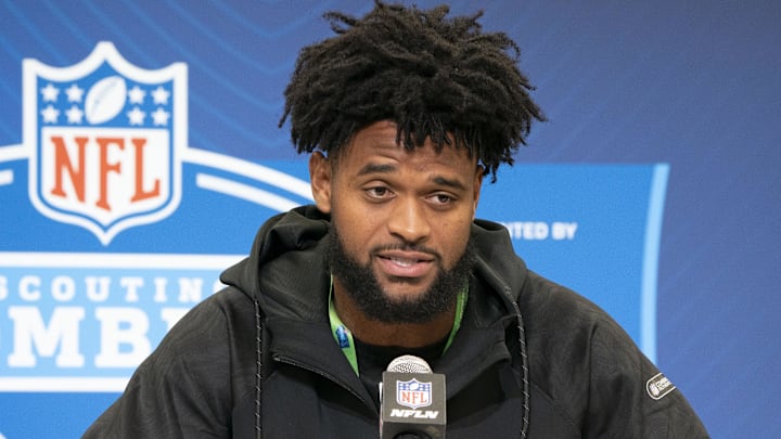 Feb 28, 2025; Indianapolis, IN, USA; Oregon wideout Traeshon Holden (WO19) answers questions at a press conference during the 2025 NFL Combine at Indiana Convention Center. Mandatory Credit: Stephanie Amador Blondet-Imagn Images