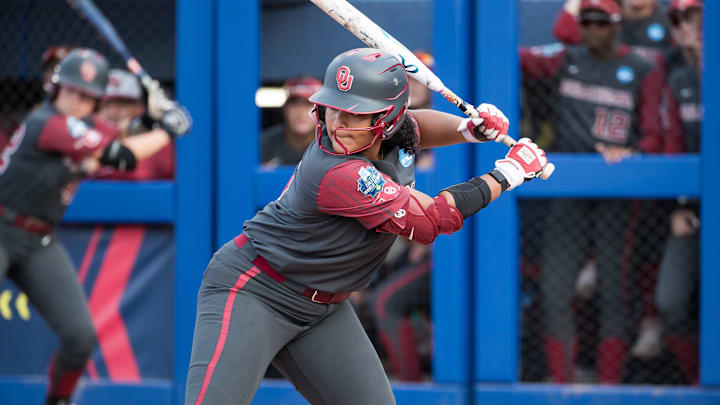 Junior utility player Ella Parker bats during the NCAA Softball Women's College World Series semifinal game against Texas Tech at Devon Park on June 2, 2025 in Oklahoma City. Mandatory Credit: Brett Rojo-Imagn Images