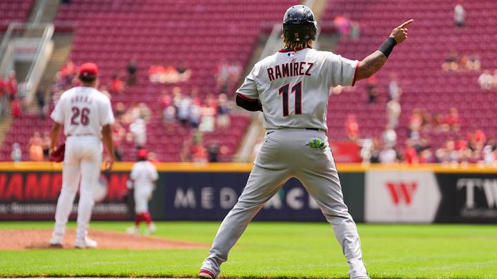 Jul 28, 2026: Cleveland Guardians third baseman José Ramírez reacts to the grand slam hit by first baseman Kyle Manzardo, during the game against the Cincinnati Reds in the first inning at Great American Ball Park. Credit: Aaron Doster-Imagn Images Jul 28, 2026: Cleveland Guardians third baseman José Ramírez reacts to the grand slam hit by first baseman Kyle Manzardo, during the game against the Cincinnati Reds in the first inning at Great American Ball Park. Credit: Aaron Doster-Imagn Images