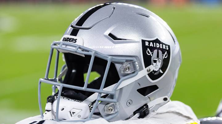 Aug 23, 2025; Glendale, Arizona, USA; Detailed view of a Las Vegas Raiders helmet during a preseason NFL game at State Farm Stadium. Mandatory Credit: Mark J. Rebilas-Imagn Images Aug 23, 2025; Glendale, Arizona, USA; Detailed view of a Las Vegas Raiders helmet during a preseason NFL game at State Farm Stadium. Mandatory Credit: Mark J. Rebilas-Imagn Images