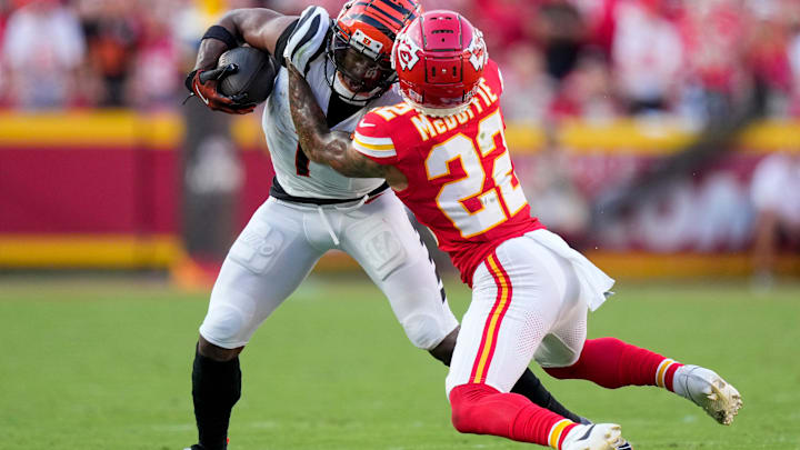 Cincinnati Bengals wide receiver Ja'Marr Chase (1) and Kansas City Chiefs cornerback Trent McDuffie (22) collide in the fourth quarter of the NFL Week 2 game between the Kansas City Chiefs and the Cincinnati Bengals at Arrowhead Stadium in Kansas City on Sunday, Sept. 15, 2024. The Chiefs took a 26-25 win with a go-ahead field goal as time expired. Cincinnati Bengals wide receiver Ja'Marr Chase (1) and Kansas City Chiefs cornerback Trent McDuffie (22) collide in the fourth quarter of the NFL Week 2 game between the Kansas City Chiefs and the Cincinnati Bengals at Arrowhead Stadium in Kansas City on Sunday, Sept. 15, 2024. The Chiefs took a 26-25 win with a go-ahead field goal as time expired.