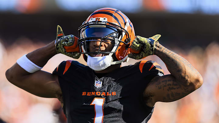 Nov 3, 2024; Cincinnati, Ohio, USA; Cincinnati Bengals wide receiver Ja'Marr Chase (1) reacts after a play against the Las Vegas Raiders in the first half at Paycor Stadium.