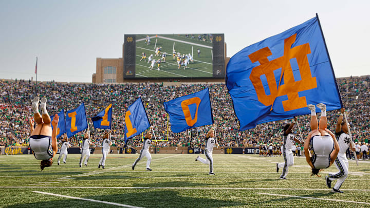Notre Dame's cheer squad celebrates a touchdown during a NCAA college football game between Notre Dame and Stanford at Notre Dame Stadium on Saturday, Oct. 12, 2024, in South Bend.