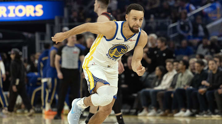 Jan 11, 2026; San Francisco, California, USA; Golden State Warriors guard Stephen Curry (30) warms up before taking on the Atlanta Hawks during the first quarter at Chase Center. 