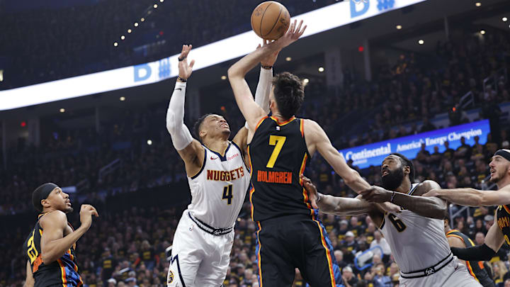 May 7, 2025; Oklahoma City, Oklahoma, USA; Oklahoma City Thunder forward Chet Holmgren (7) defends a shot by Denver Nuggets guard Russell Westbrook (4) in the second quarter during game two of the second round for the 2025 NBA Playoffs at Paycom Center. Mandatory Credit: Alonzo Adams-Imagn Images May 7, 2025; Oklahoma City, Oklahoma, USA; Oklahoma City Thunder forward Chet Holmgren (7) defends a shot by Denver Nuggets guard Russell Westbrook (4) in the second quarter during game two of the second round for the 2025 NBA Playoffs at Paycom Center. Mandatory Credit: Alonzo Adams-Imagn Images