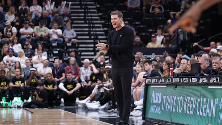 Oct 7, 2024; Salt Lake City, Utah, USA; Utah Jazz head coach Will Hardy reacts to a play against the Houston Rockets during the second quarter at Delta Center. Mandatory Credit: Rob Gray-Imagn Images