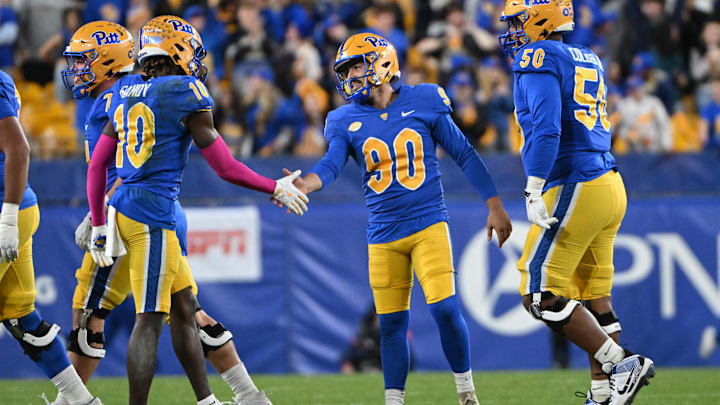 Oct 24, 2024; Pittsburgh, Pennsylvania, USA; Pittsburgh Panthers kicker Ben Sauls celebrates his 57-yard field goal with Ryland Gandy (10) during the fourth quarter  at Acrisure Stadium. Mandatory Credit: Barry Reeger-Imagn Images