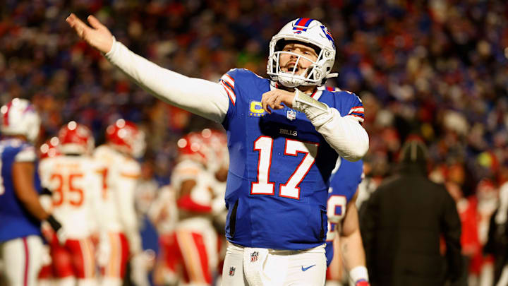 Buffalo Bills quarterback Josh Allen (17) reacts to his second touchdown to regain the lead against the Chiefs.