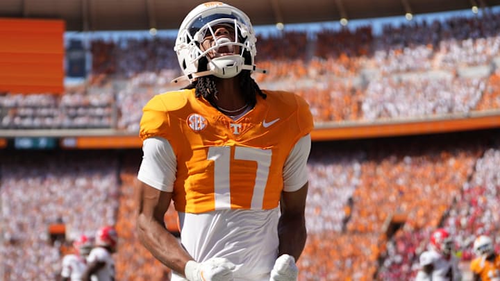Tennessee wide receiver Chris Brazzell II (17) celebrates after scoring a touchdown against Georgia during an NCAA college football game on September 13, 2025, Knoxville, Tennessee.