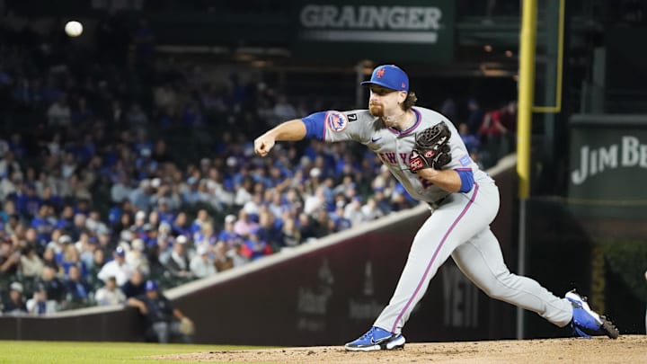 Sep 25, 2025; Chicago, Illinois, USA; New York Mets pitcher Nolan McLean (26) throws the ball against the Chicago Cubs during the first inning at Wrigley Field. Mandatory Credit: David Banks-Imagn Images