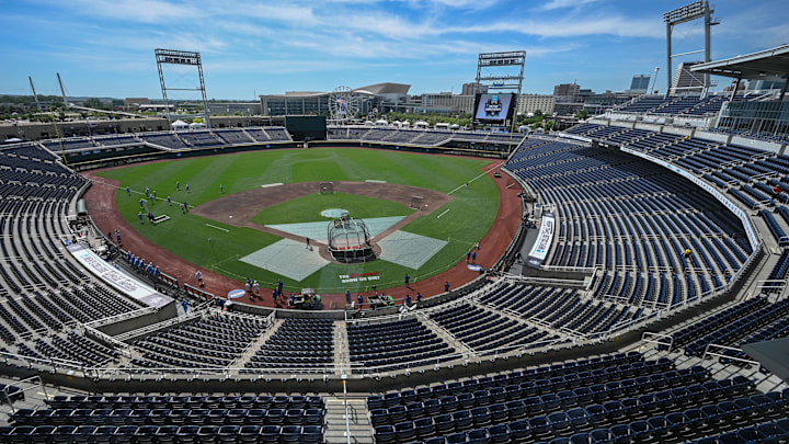 Jun 14, 2024; Omaha, NE, USA;  General view of the field before the College World Series at Charles Schwab Filed Omaha. Mandatory Credit: Steven Branscombe-Imagn Images