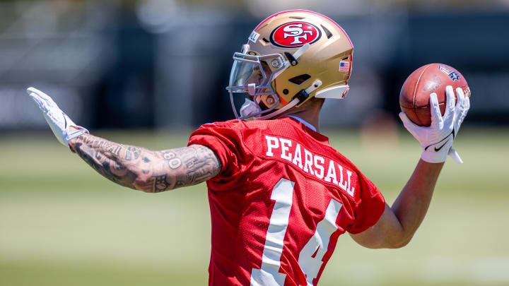May 10, 2024; Santa Clara, CA, USA; San Francisco 49ers wide receiver Ricky Pearsall (14) runs drills during the 49ers rookie minicamp at Levi’s Stadium in Santa Clara, CA. Mandatory Credit: Robert Kupbens-USA TODAY Sports May 10, 2024; Santa Clara, CA, USA; San Francisco 49ers wide receiver Ricky Pearsall (14) runs drills during the 49ers rookie minicamp at Levi’s Stadium in Santa Clara, CA. Mandatory Credit: Robert Kupbens-USA TODAY Sports