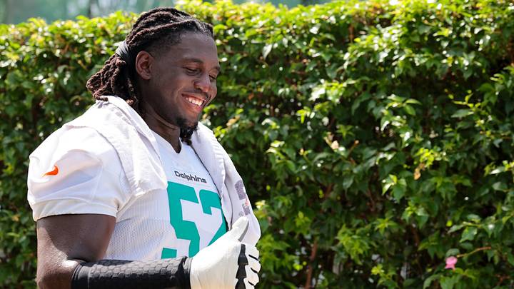 Miami Dolphins offensive tackle Patrick Paul (52) reacts after practice at the Baptist Health Training Complex. 