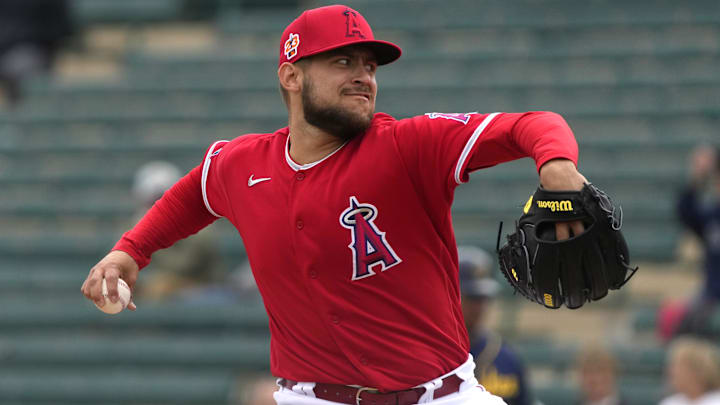 Mar 1, 2023; Tempe, Arizona, USA; Los Angeles Angels starting pitcher Chase Silseth (63) throws