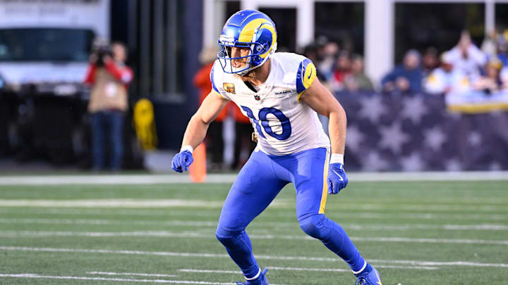 Nov 17, 2024; Foxborough, Massachusetts, USA; Los Angeles Rams wide receiver Cooper Kupp (10) lines up against the New England Patriots during the second half at Gillette Stadium.