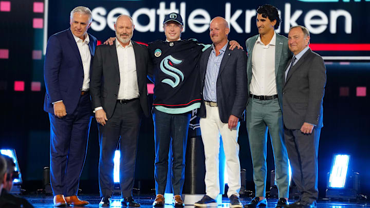 Jun 28, 2024; Las Vegas, Nevada, USA; Berkly Catton is selected by the Seattle Kraken with the 8th overall pick in the first round of the 2024 NHL Draft at The Sphere. Mandatory Credit: Stephen R. Sylvanie-Imagn Images