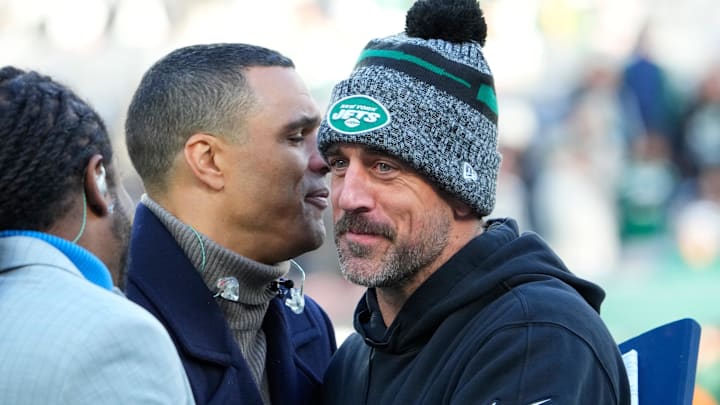 Tony Gonzalez (left) and Aaron Rodgers after a Jets game in 2023 Tony Gonzalez (left) and Aaron Rodgers after a Jets game in 2023