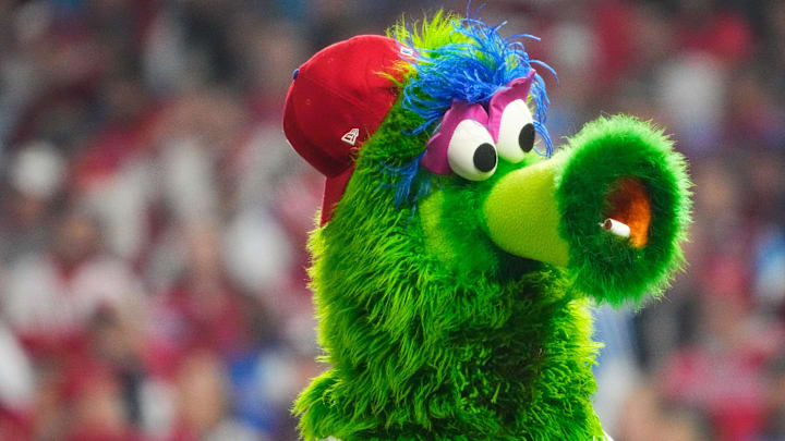 Philadelphia Phillies mascot the Phillie Phanatic looks on against the Arizona Diamondbacks in game seven of the NLCS at Citizens Bank Park in Philadelphia on Oct. 24, 2023. Philadelphia Phillies mascot the Phillie Phanatic looks on against the Arizona Diamondbacks in game seven of the NLCS at Citizens Bank Park in Philadelphia on Oct. 24, 2023.