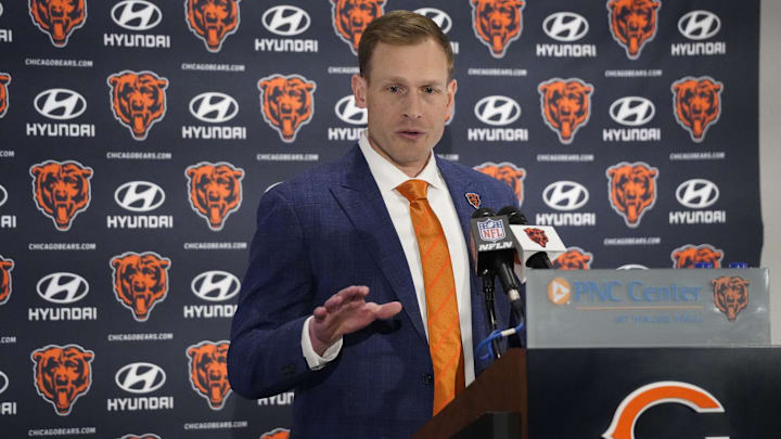Chicago Bears head coach Ben Johnson answers questions during a introductory press conference.