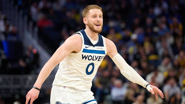 Dec 12, 2025; San Francisco, California, USA; Minnesota Timberwolves guard Donte DiVincenzo (0) defends against the Golden State Warriors during the fourth quarter at Chase Center. Mandatory Credit: Robert Edwards-Imagn Images
