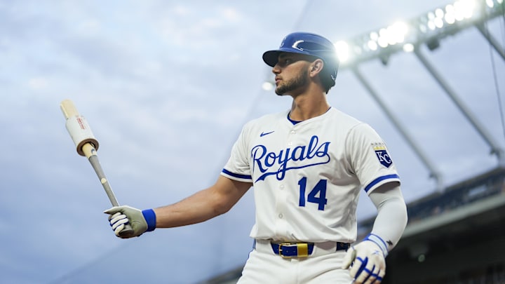 Sep 3, 2025; Kansas City, Missouri, USA; Kansas City Royals designated hitter Jac Caglianone (14) gets ready to bat during the third inning against the Los Angeles Angels at Kauffman Stadium. Mandatory Credit: Jay Biggerstaff-Imagn Images