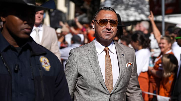 Dec 21, 2024; Austin, Texas, USA; Texas Longhorns head coach Steve Sarkisian arrives before a game against the Clemson Tigers in the first round of the College Football Playoffs at Darrell K Royal-Texas Memorial Stadium. Mandatory Credit: Aaron E. Martinez/USA Today Network via Imagn Images