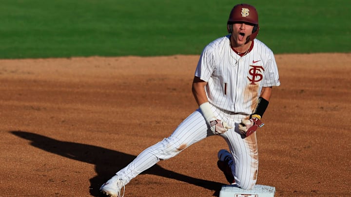 Florida St. infielder Alex Lodise (1) reacts to his double at second base during the first inning of an NCAA college baseball matchup Tuesday, March 25, 2025 at VyStar Ballpark in Jacksonville, Fla. FSU rallied to defeat UF 8-4 off a walk-off grand slam from Alex Lodise in the ninth inning. [Corey Perrine/Florida Times-Union]