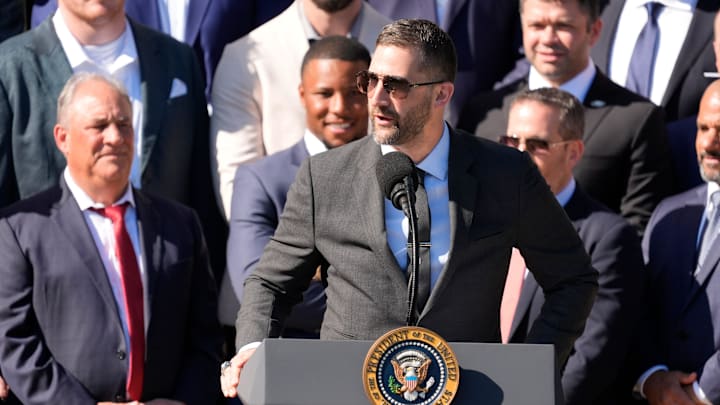 Apr 28, 2025; Washington, DC, USA; Philadelphia Eagles’ head coach Nick Sirianni speaks as President Donald Trump honors the Super Bowl LIX champion Philadelphia Eagles at The White House in Washington D.C., on April 28, 2025.