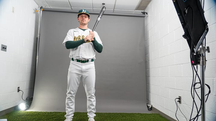 Feb 23, 2023; Mesa, AZ, USA; Oakland Athletics outfielder Trenton Brooks (76) poses for a portrait during spring training photo day at HoHoKam Stadium. Mandatory Credit: Allan Henry-Imagn Images