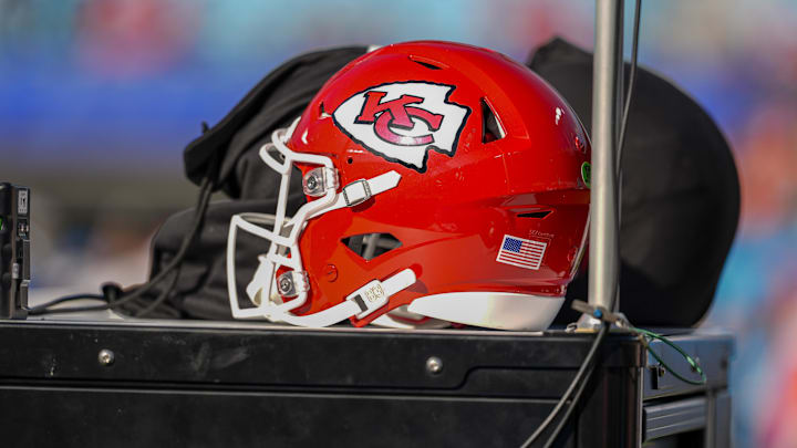 Nov 24, 2024; Charlotte, North Carolina, USA; Kansas City Chiefs helmet during pregame warmups against the Carolina Panthers at Bank of America Stadium. Mandatory Credit: Jim Dedmon-Imagn Images