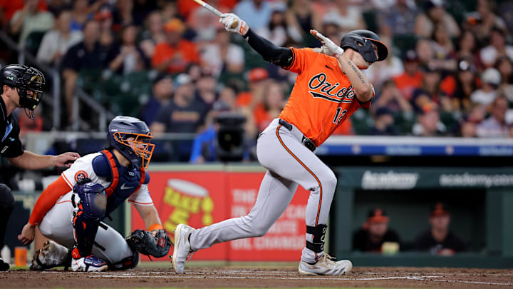 Aug 16, 2025; Houston, Texas, USA; Baltimore Orioles right fielder Dylan Beavers (12) swings Aug 16, 2025; Houston, Texas, USA; Baltimore Orioles right fielder Dylan Beavers (12) swings
