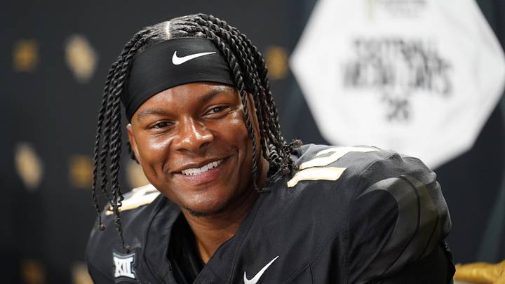 Jul 7, 2026; Frisco, TX, USA;  UCF quarterback Alonza Barnett III speaks with reporters during Big 12 Conference Football Media Days at The Star. Mandatory Credit: Raymond Carlin III-Imagn Images