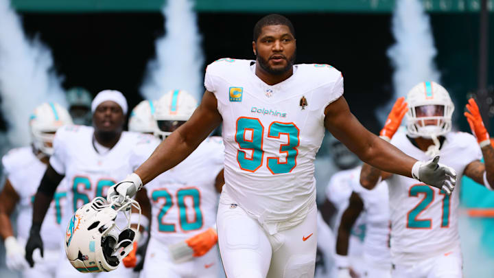 Oct 27, 2024; Miami Gardens, Florida, USA; Miami Dolphins defensive tackle Calais Campbell (93) enters the field before the game against the Arizona Cardinals at Hard Rock Stadium. Mandatory Credit: Sam Navarro-Imagn Images