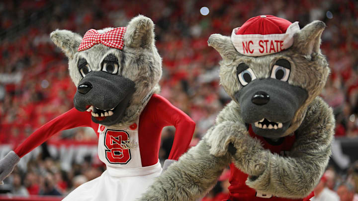 Mar 7, 2026; Raleigh, North Carolina, USA;  Mr. and Ms. Wuf dancing during the second half against the Stanford Cardinal at Lenovo Center. Mandatory Credit: Zachary Taft-Imagn Images