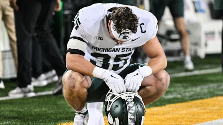 Nov 22, 2025; Iowa City, Iowa, USA; Michigan State Spartans linebacker Sam Edwards (35) reacts after the game against the Iowa Hawkeyes at Kinnick Stadium. Mandatory Credit: Jeffrey Becker-Imagn Images Nov 22, 2025; Iowa City, Iowa, USA; Michigan State Spartans linebacker Sam Edwards (35) reacts after the game against the Iowa Hawkeyes at Kinnick Stadium. Mandatory Credit: Jeffrey Becker-Imagn Images