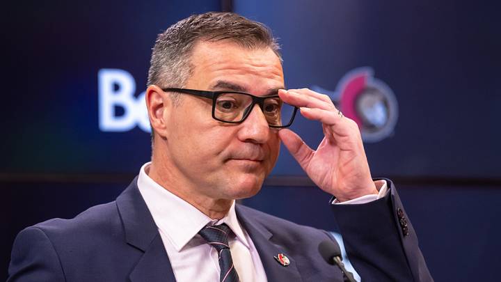 Jan 12, 2025; Ottawa, Ontario, CAN; President of Hockey Operations and General Manager Steve Staios speaks to the media pprior to match between the Dallas Stars and the  Ottawa Senators at the Canadian Tire Centre. Mandatory Credit: Marc DesRosiers-Imagn Images