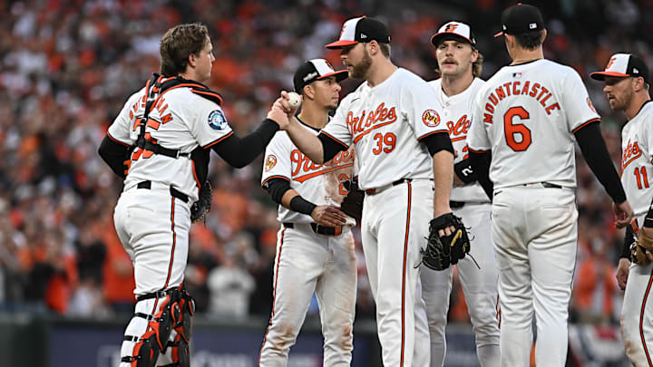 Oct 1, 2024; Baltimore, Maryland, USA; Baltimore Orioles pitcher Corbin Burnes (39) bumps fists with Baltimore Orioles catcher Adley Rutschman (35) during a pitching change in the ninth inning against the Kansas City Royals in game one of the Wild Card round for the 2024 MLB Playoffs at Oriole Park at Camden Yards. Oct 1, 2024; Baltimore, Maryland, USA; Baltimore Orioles pitcher Corbin Burnes (39) bumps fists with Baltimore Orioles catcher Adley Rutschman (35) during a pitching change in the ninth inning against the Kansas City Royals in game one of the Wild Card round for the 2024 MLB Playoffs at Oriole Park at Camden Yards.