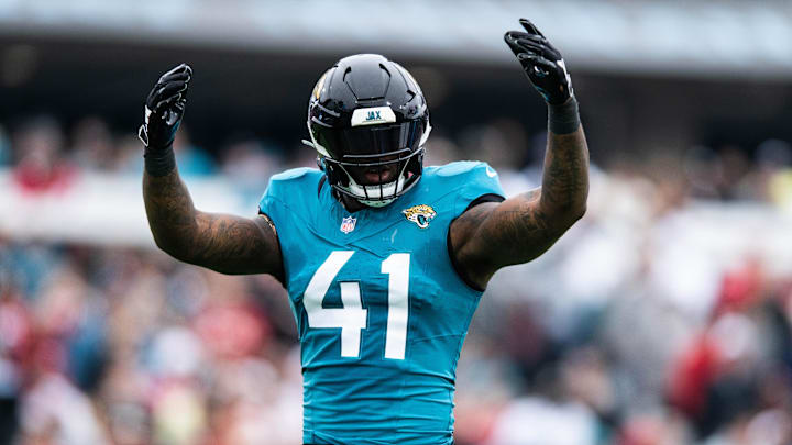 Nov 12, 2023; Jacksonville, Florida, USA; Jacksonville Jaguars linebacker Josh Allen (41) hypes up Nov 12, 2023; Jacksonville, Florida, USA; Jacksonville Jaguars linebacker Josh Allen (41) hypes up